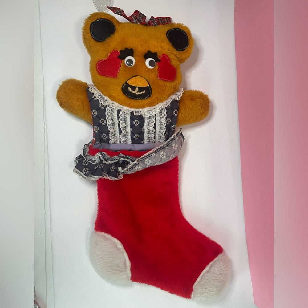 Vtg Home Made Plush Bear Christmas Stocking Unique.